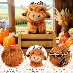 HOUDI 7.87 Inch Brown Highland Cattle Doll with a Leopard Print Headband